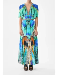 SHAPED WAISTBAND DRESS WITH FLUTTER SLEEVES