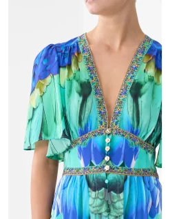 SHAPED WAISTBAND DRESS WITH FLUTTER SLEEVES