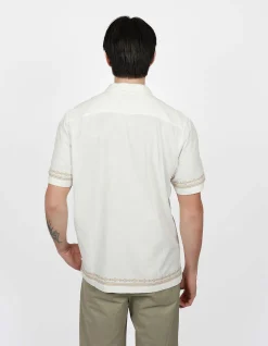 SHORT SLEEVE AZTEC EMBROIDED CUBAN COLLAR COTTON SHIRT