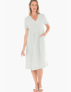 Side Button Linen V Neck Midi Dress