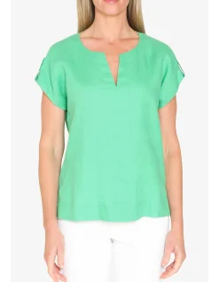 Split Neck Tab Sleeve Boxy Linen Top