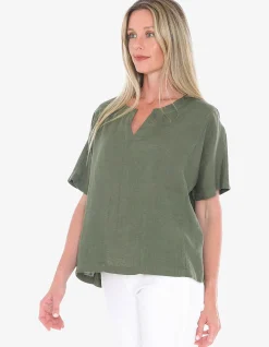 Split Neck Two Pocket Linen Relaxed Top