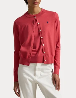 STRETCH COTTON-BLEND CREWNECK CARDIGAN