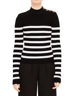 Striped Knit Pullover with Button Detail