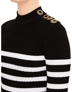 Striped Knit Pullover with Button Detail