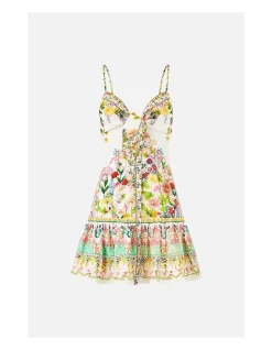 TIE FRONT SHORT DRESS WITH HEM RUFFLE