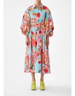 WAIST TIE SHIRT DRESS WITH BUBBLE SLEEVE